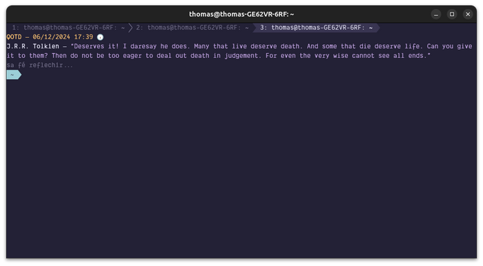 Screenshot of my terminal displaying a quote from Tolkien